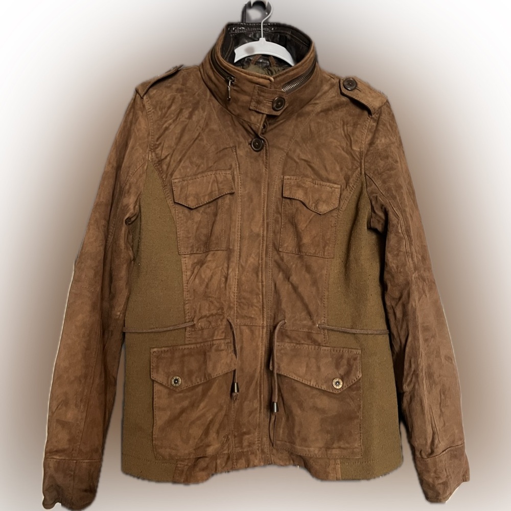 Eddie Bauer Suede Leather Jacket with Stowaway Hood